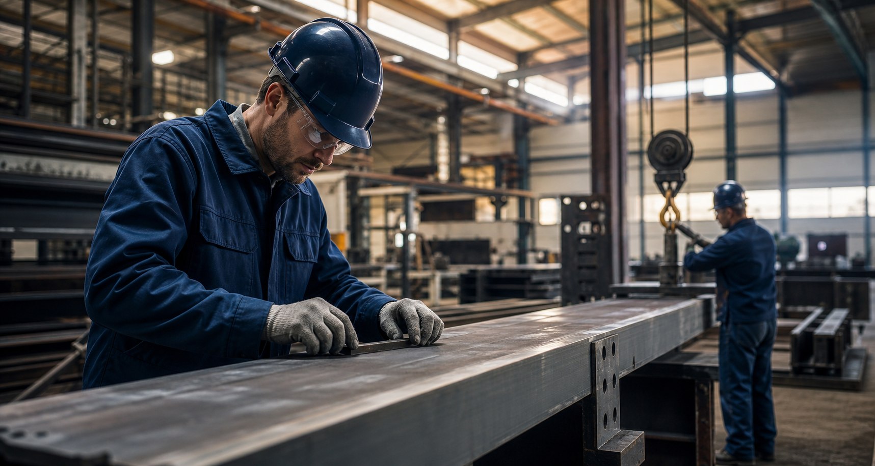 Skilled workers inspecting fabricated steel in an industrial workshop