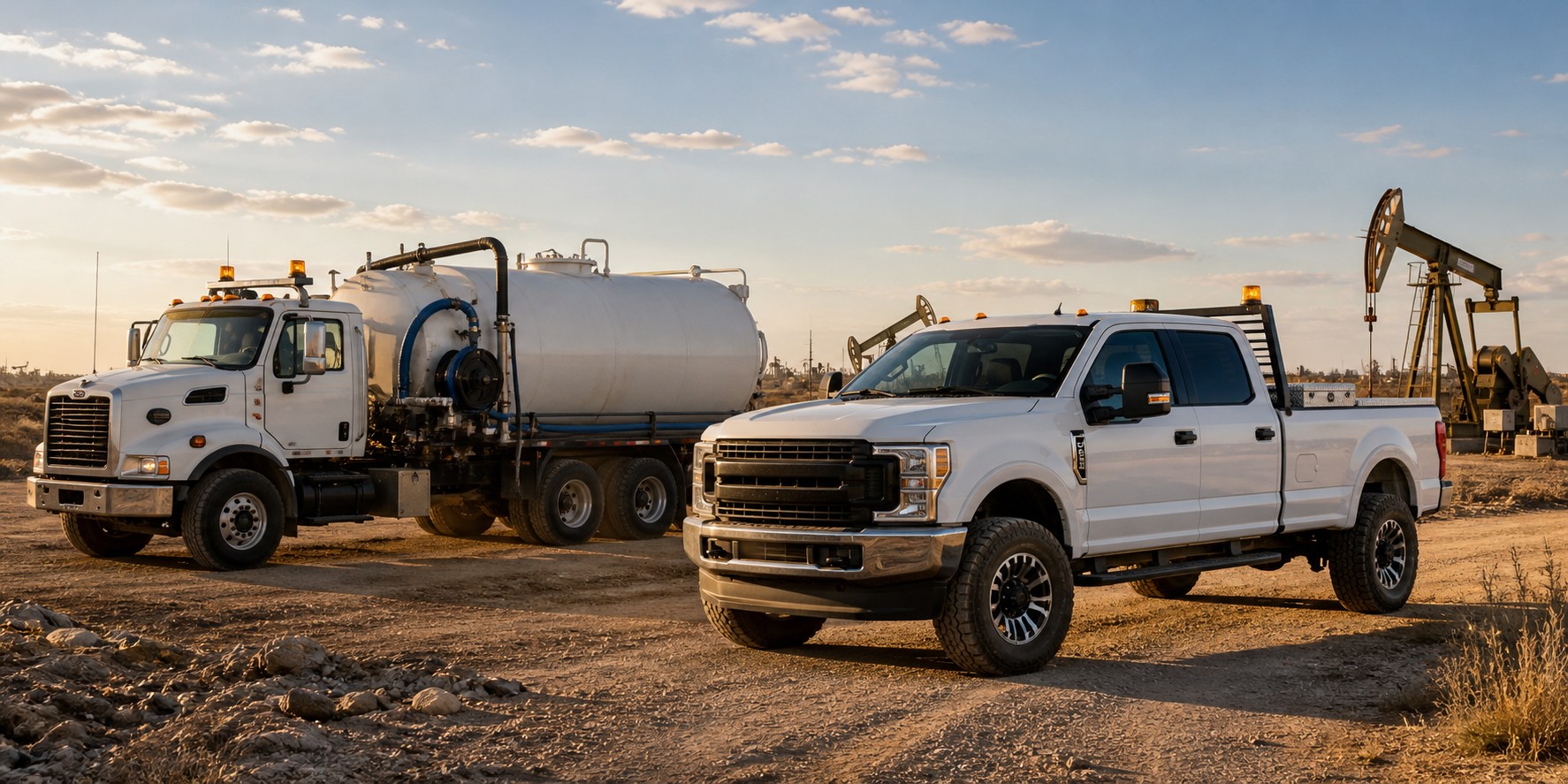 Oilfield water-hauling truck and field pickup at a West Texas production site